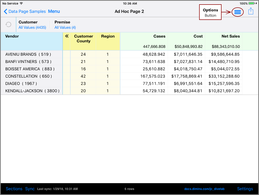 Ad Hoc page sample with Options button indicated on the iPad.