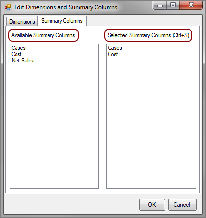 Example of the Summary Columns tab of the Edit dialog