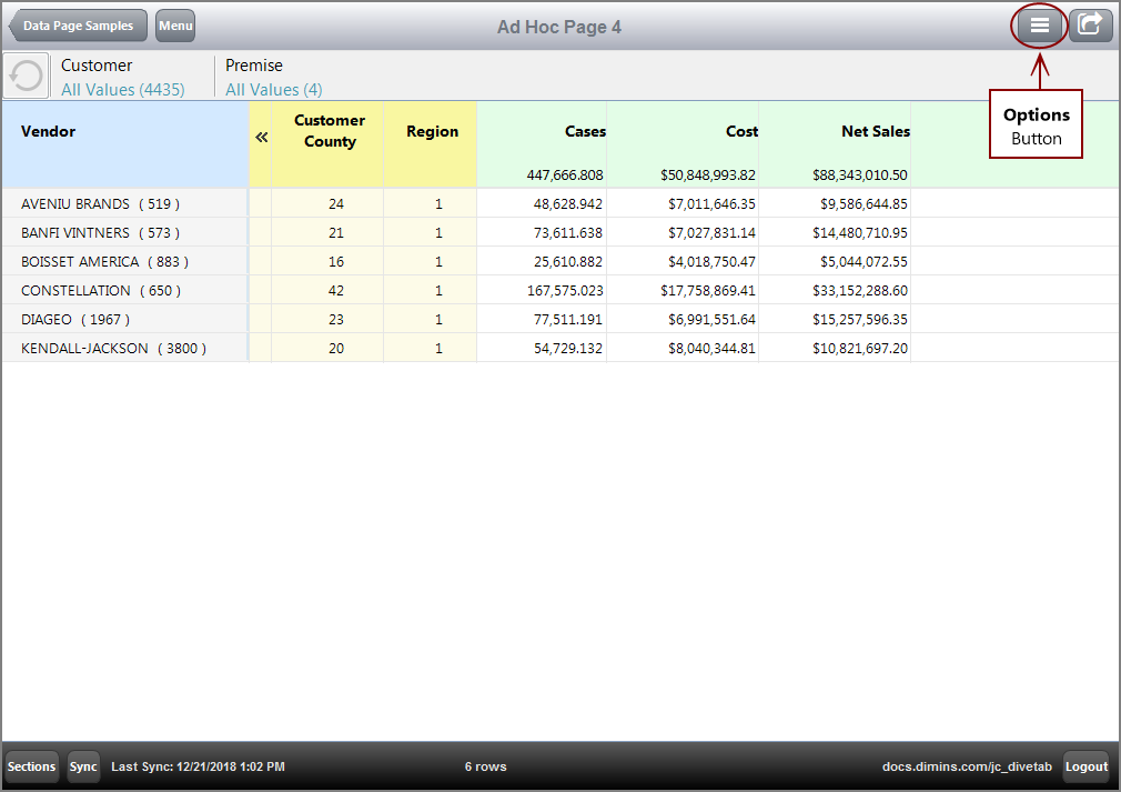 Ad Hoc page sample with Options button indicated on the PC.