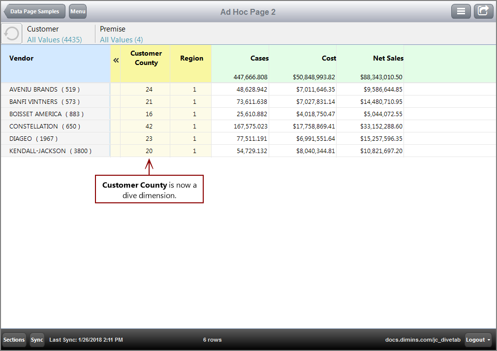 Example of an Ad Hoc page after Customer County is removed as a MultiColumn.