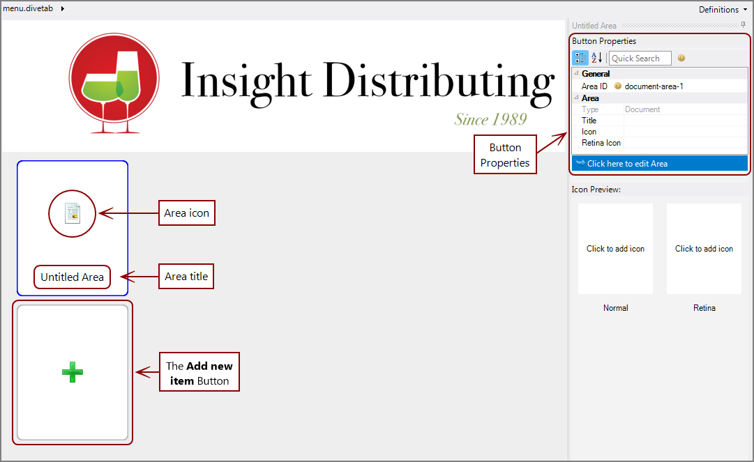 New document area button and button properties.