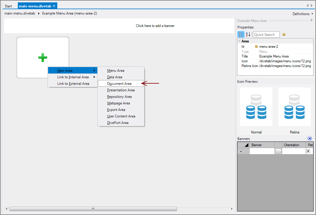 Context menu for creating a new Document area.