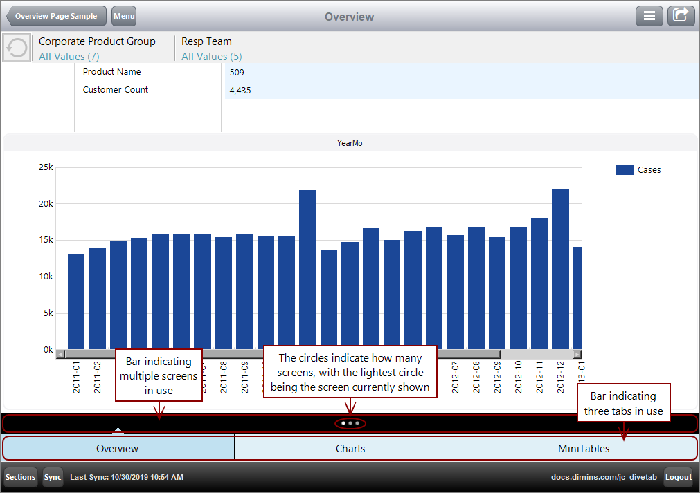 Example of an Overview page using multiple tabs and screens.