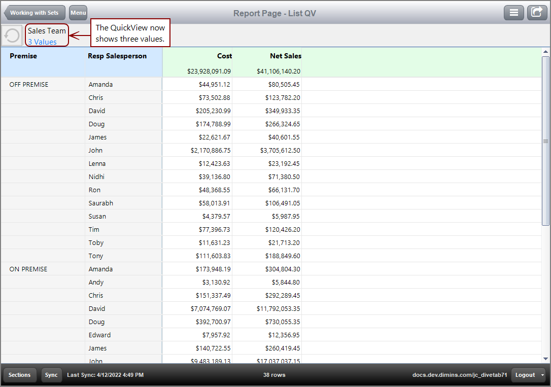 The resulting report page when values Crowe and Higbee are selected.