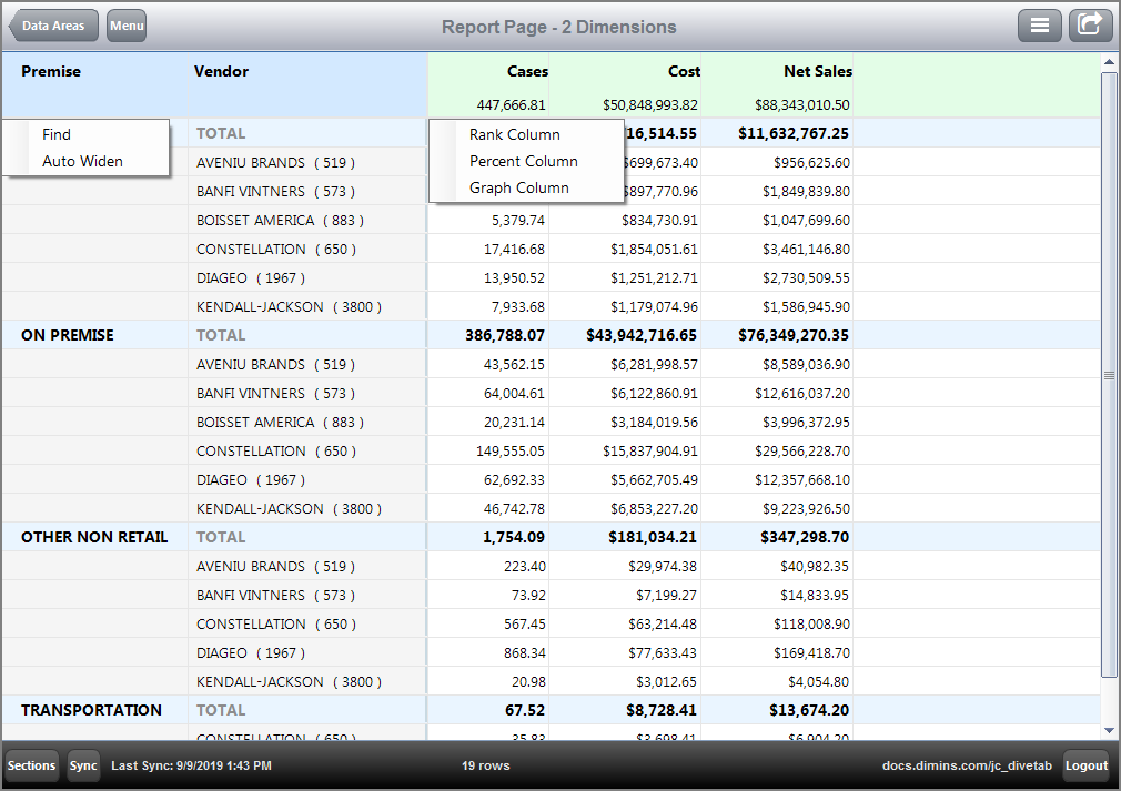 The dimension context menu of a Report page with multiple dimensions.