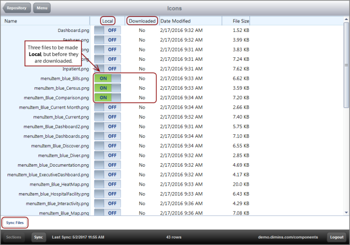The files selected for local download.