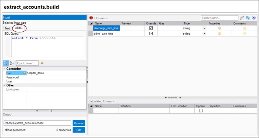 Sample ODBC Input for Spectre Build