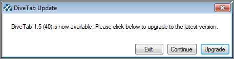 Dialog box when a DiveTab client connects and there is a suggested update
