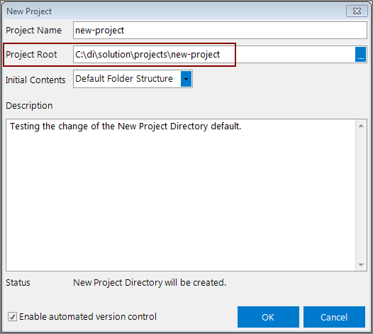 Example of the New Project dialog box with a changed project root folder