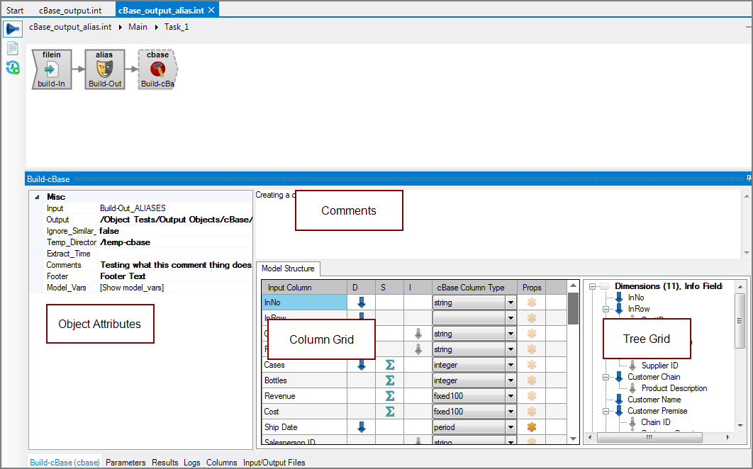 Example of all panes for a VI cBase output object