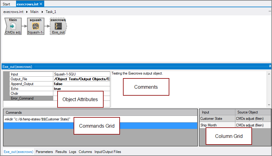 Example of all panes for the VI Execrows output object 