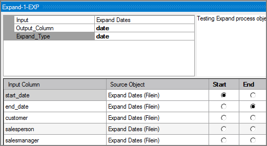 Example of settings for a VI Expand process object