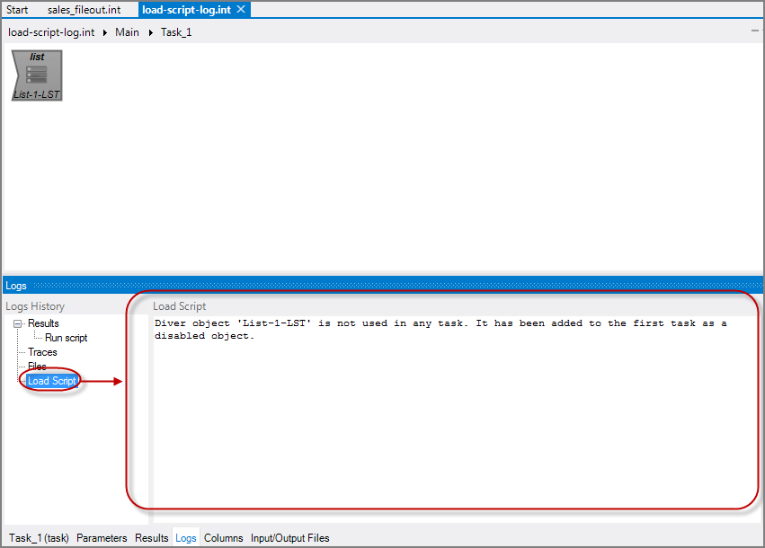 Logs Tab Load Script Panes