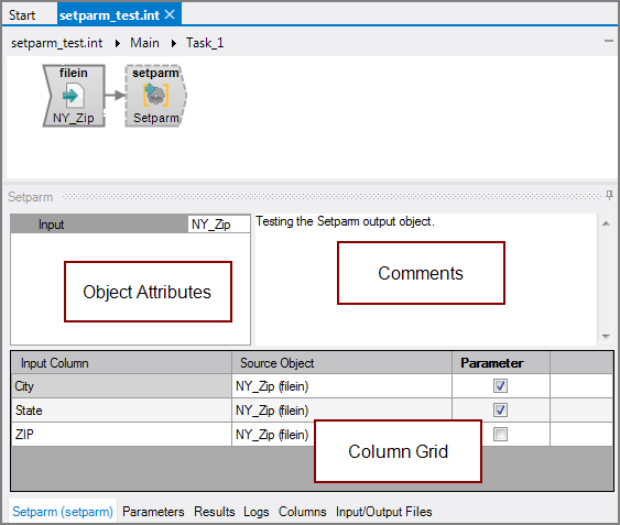 Example of all panes for a VI Setparm output object