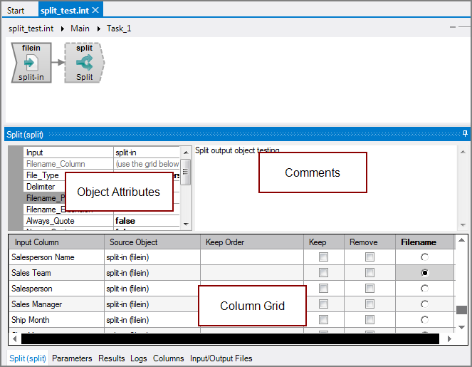 Example of all panes for a VI Split output object