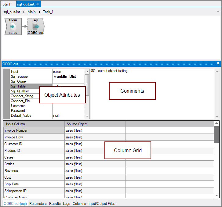 Example of all panes for a VI SQL output object