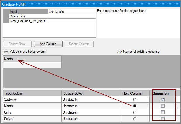 Example of choosing input column for horizontal column in VI Unrotate process object