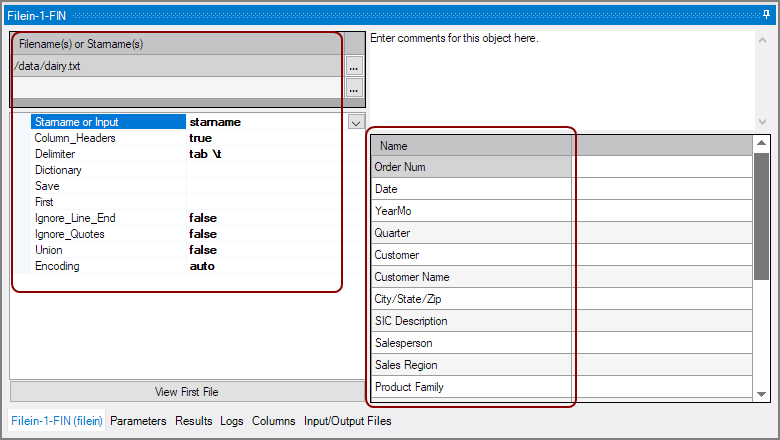 Data columns for Filein object