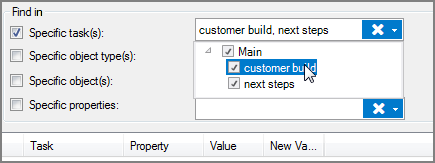 Example of selecting tasks in the VI Find & Replace dialog box