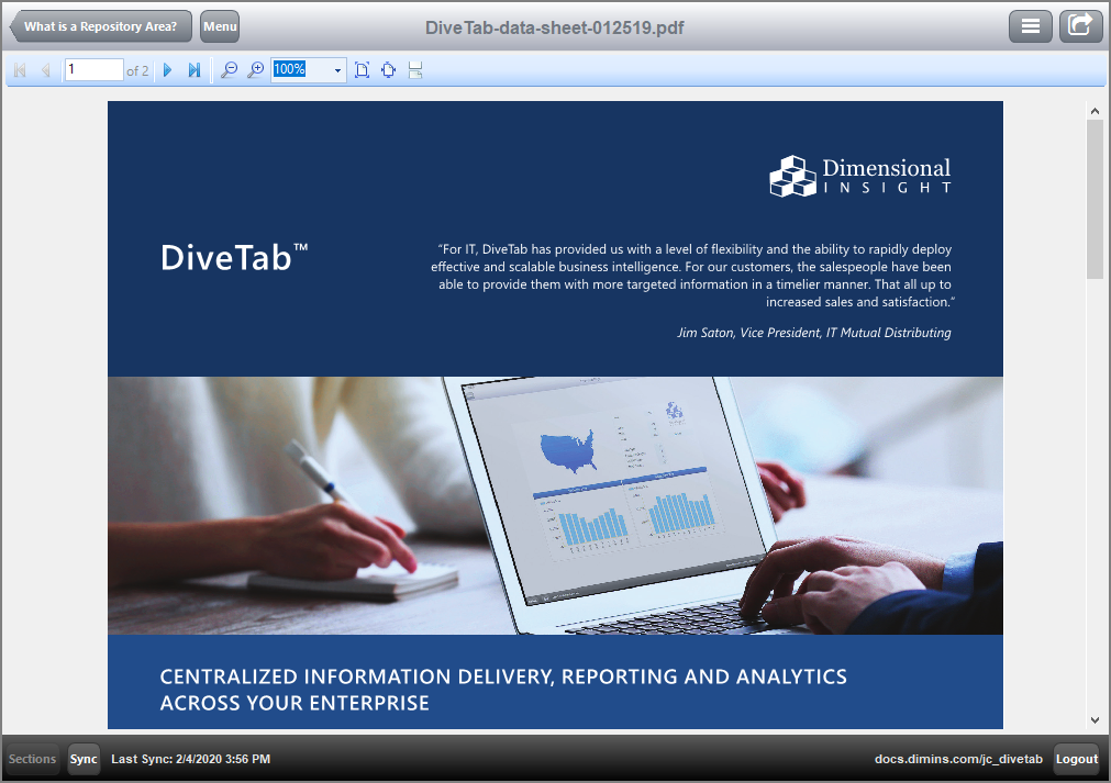 Example of a pdf file opened in DiveTab from a repository.