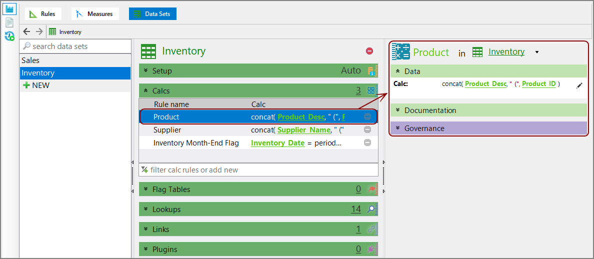 Data set tab with open detail panel.