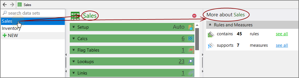 Data sets page, with the ED Log data set selected.