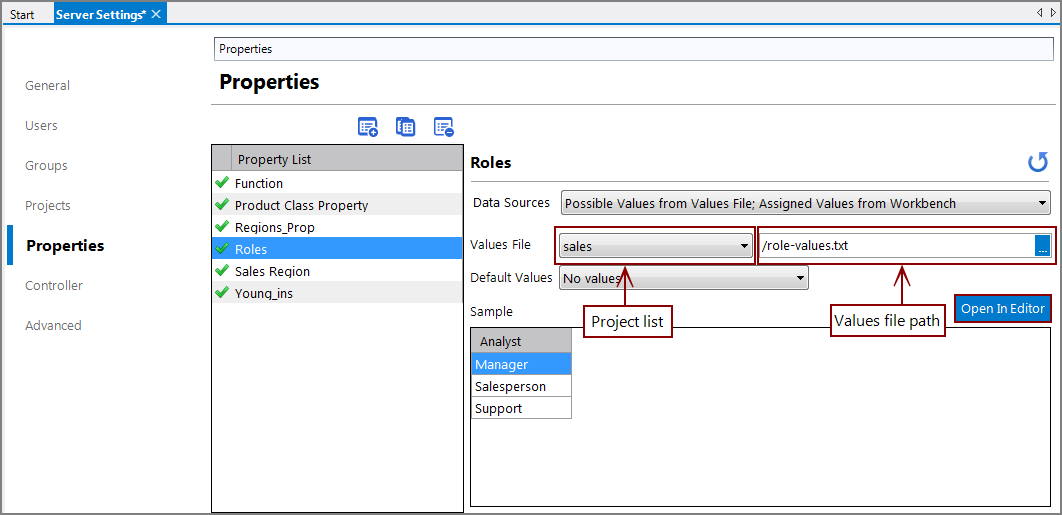 Possible Values from Value File; Assigned Values from Workbench