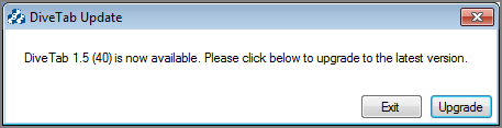 Dialog box when a DiveTab client connects and there is a mandatory update