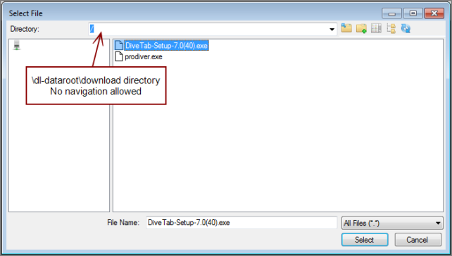 Example of the Select File dialog box for DiveTab PC Update Manager