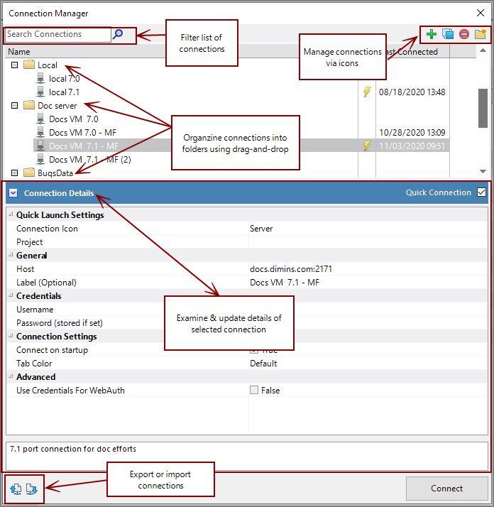 Connections Manager with Details