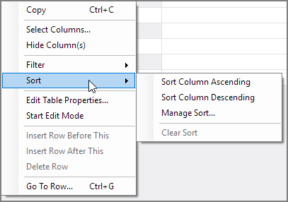 Table Editor Context Menu Sort Options