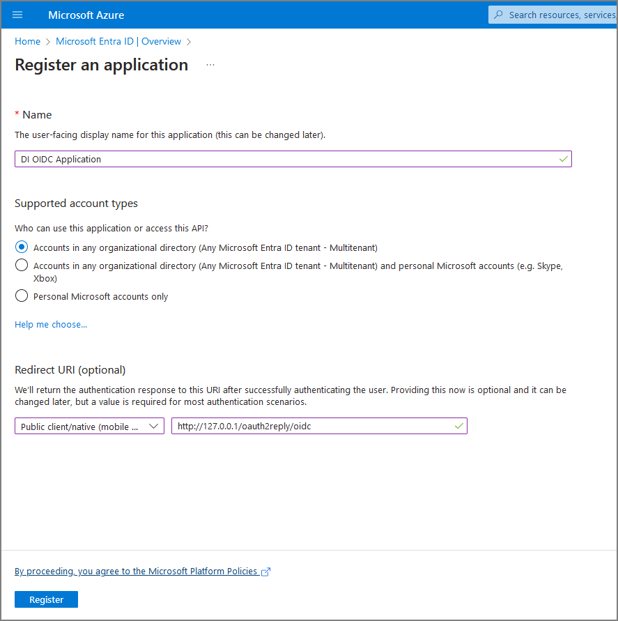 Microsoft Entra ID register an application page