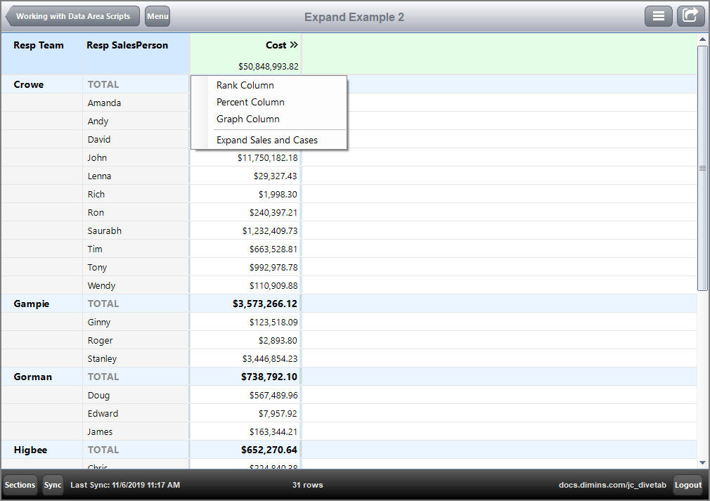The report page before expands visible, showing the context menu.