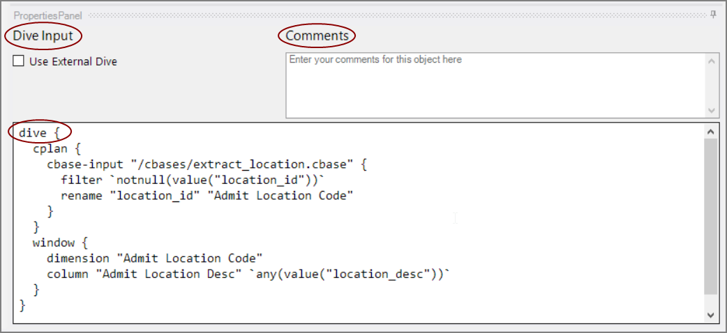 dive-input properties pane