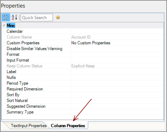 text-input column properties