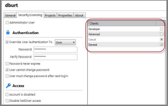 Security/Licensing Tab Diver Solution 2015 Clients