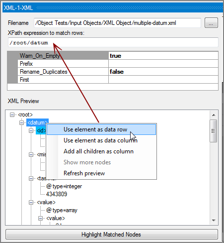 XML Input Object Choose XPath Row