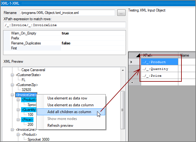 VI XML Columns - all children context cmd