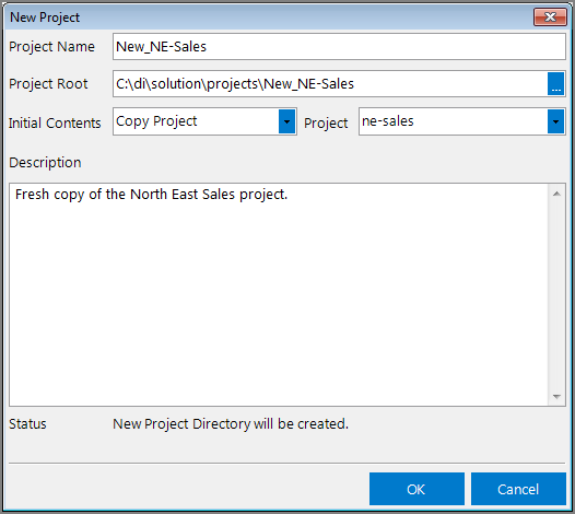 Example of a completed New Project dialog box when using Copy Project