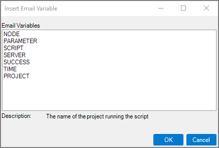 Insert Email Variable dialog