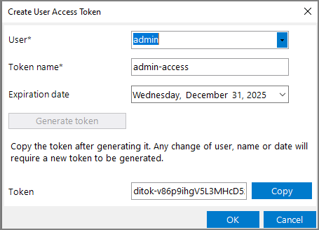 Add User Access Tokens dialog box