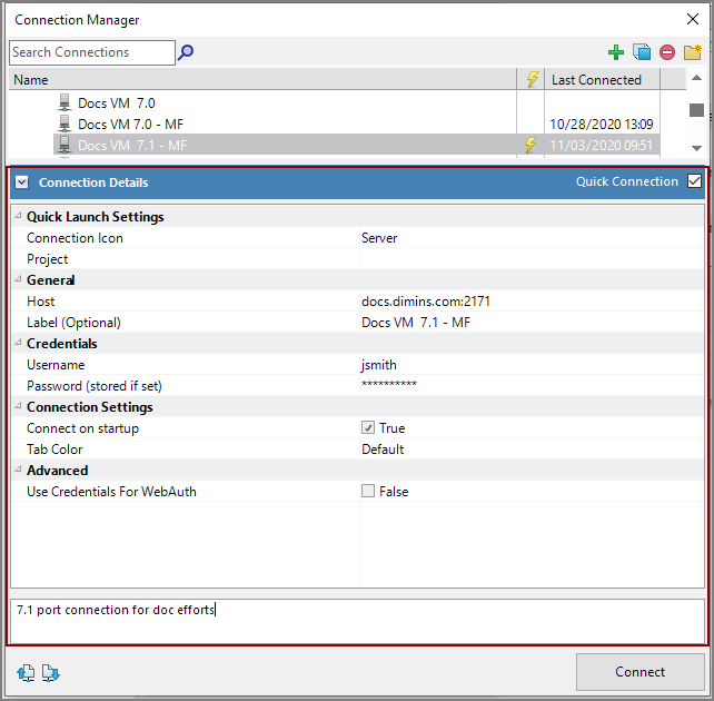 Connections Manager DiveLine Example for version 71
