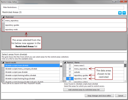 The selected areas are added to the Restricted Areas list.