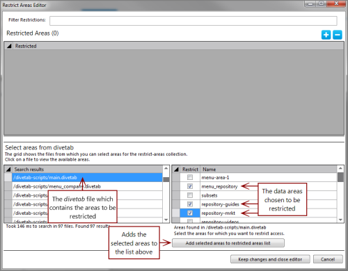 Restrict Areas Editor dialog with areas to add selected.