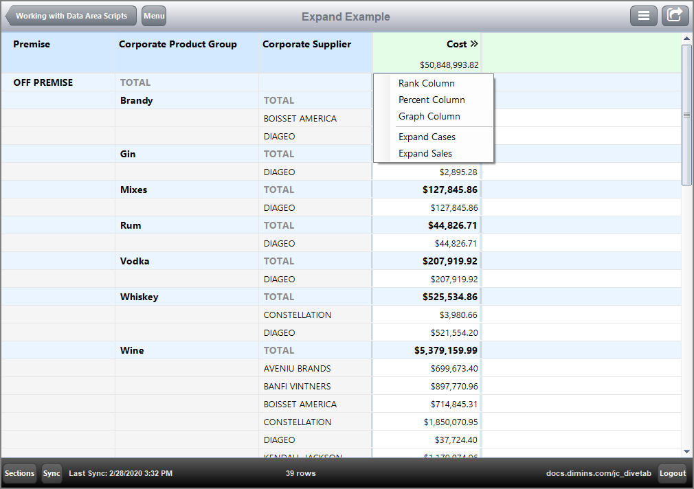 Here is the context menu for the summary column and related expand columns.