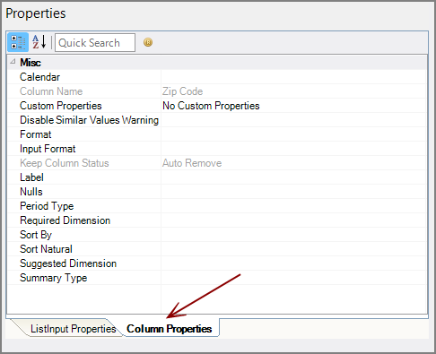 List Input Column Properties Tab