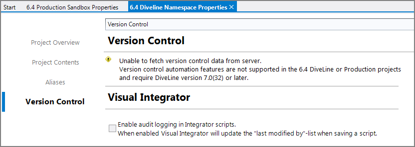 Version Control tab 64 warning