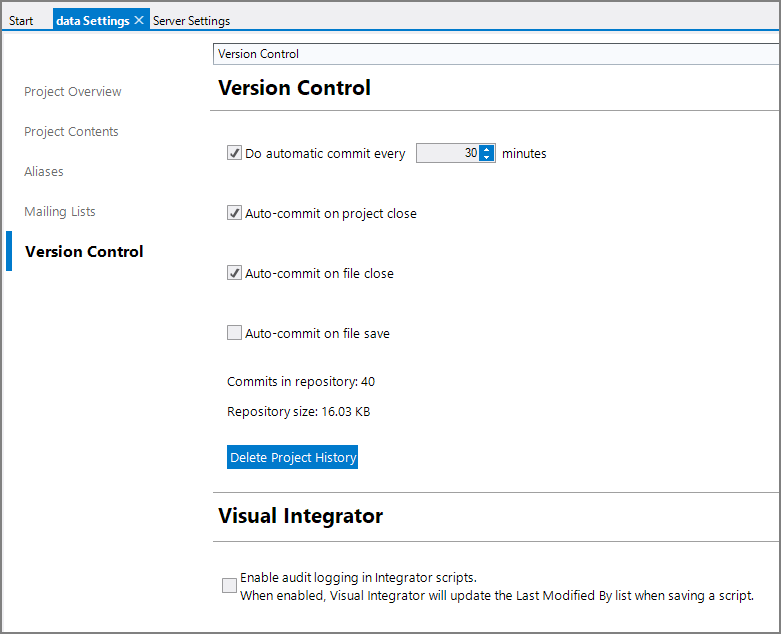 Project Properties Version Control Tab