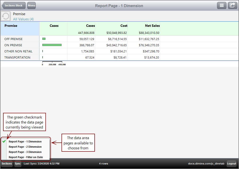 Example of a Report page with the Sections Button opened to show other data pages available for viewing.