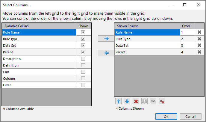 Measure Factory Select Columns Dialog Box